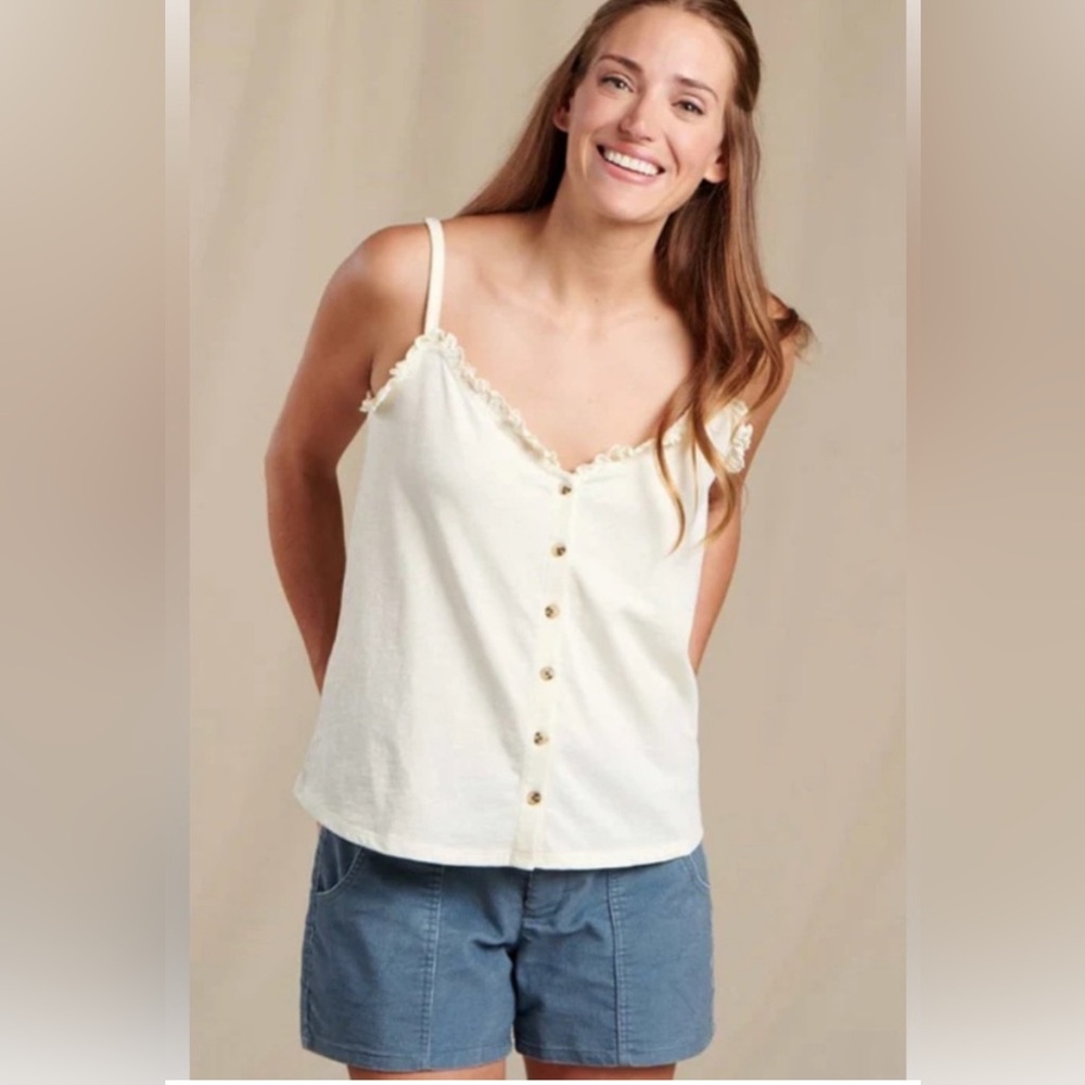 Toad & Co Primo button front tank top in salt ruffle trim medium